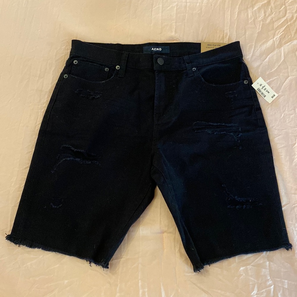 AERO Men’s Black Denim Ripped Shorts